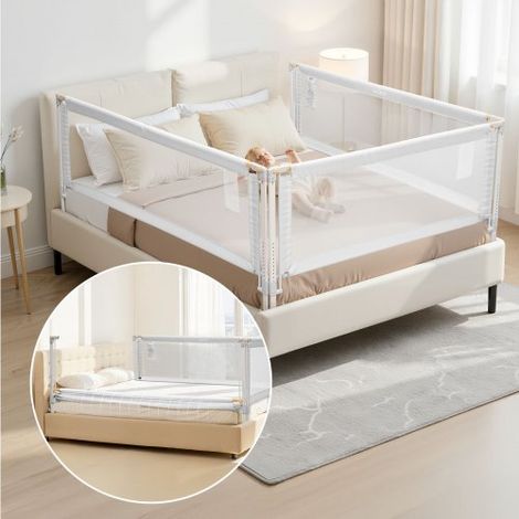 Barandilla de Cama Infantil de 3 Lados, Tubo de Hierro Reforzado, Tela Oxford, Altura Ajustable de 68 a 89 cm, para Camas Tamaño Queen, Grosor de Colchón de 5 a 27 cm, 2000 x 620 mm, Gris (1/5)