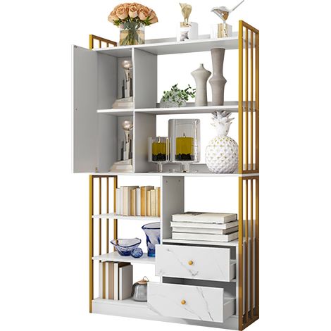 Bibliothèque verticale à 6 étagères avec portes et tiroirs, style industriel, panneau de particules blanc marbré et cadre doré, pour salon ou bureau – CHICFURN (1/5)