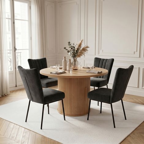 HIPIHOM Table de Salle à Manger Ronde avec Socle Cannelé et Rangement, Table de Cuisine en Bois 110 cm avec Porte à Tambour Invisible et étagères, Capacité de 150 kg, Encombrante(4 Chaises, Noir)