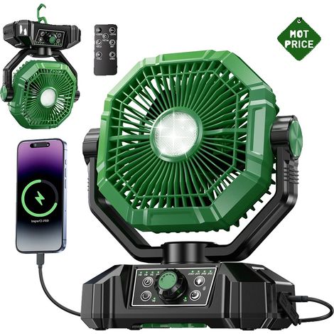 Ventilateur de camping, batterie de 20000mAh, 8 vitesses réglables, 8136-Vert (1/2)