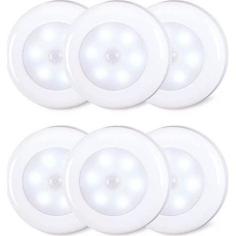 Confezione da 6 luci LED con sensore di movimento da 8 cm per interni, alimentate a batteria AAA, adesive per scale, sottopensili, armadi, bianco freddo (1/4)