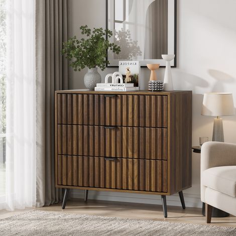Cómoda 80x39x78 cm con 3 cajones, almacenaje para dormitorio/salón/pasillo, guías metálicas, MDF color nogal (1/5)