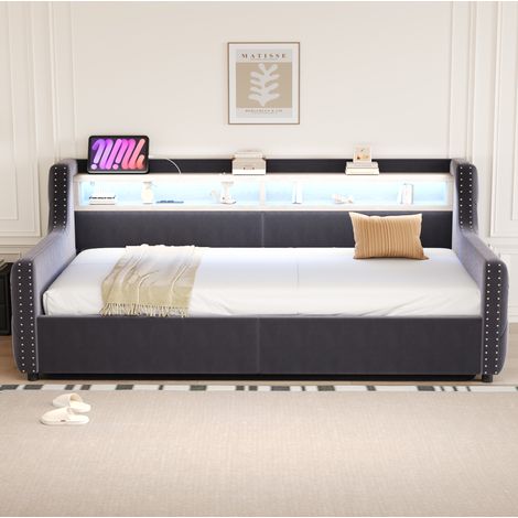 CHICFURN Sofá cama 90x200 cm de terciopelo gris oscuro con almacenaje, LED y somier (1/5)