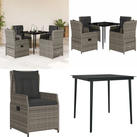 Set da Pranzo da Giardino 5 pz con Cuscini in Polyrattan Grigio - Sedie da giardino reclinabili - Tavolo da giardino
