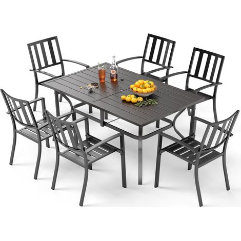 PHI VILLA 7 Piece Garden Furniture Set, Rectangular Metal Table with Umbrella Hole and 6 Stackable Garden Chairs, Outdoor Patio Dining Set (1/5)