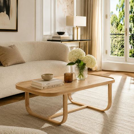 Table basse rectangulaire en bois de hêtre clair à pieds courbés NOMA (1/2)