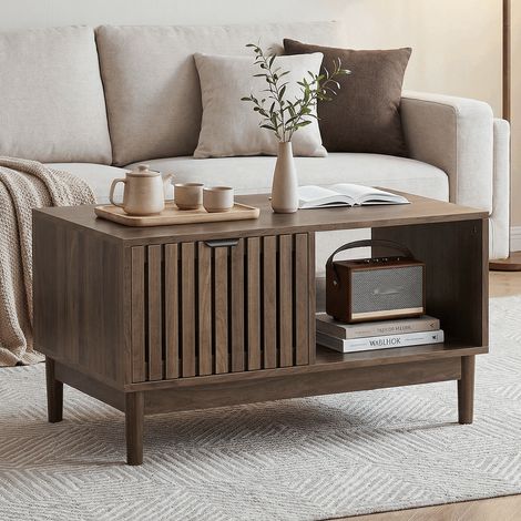Table basse 80x50x45 cm noyer style Mid-Century façade à lattes 1 tiroir niches ouvertes pieds bois massif salon chic déco moderne (1/5)