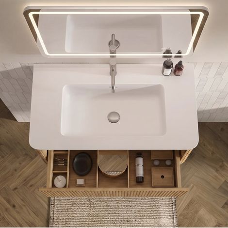 Ensemble meuble de salle de bain suspendu avec vasque blanche mat et rangement chêne 80 cm (1/5)