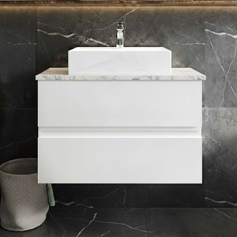 Hudson Reed Urban Wall Hung 2-Drawer Vanity Unit with Carrera Marble Worktop 800mm Wide - Satin White (1/4)