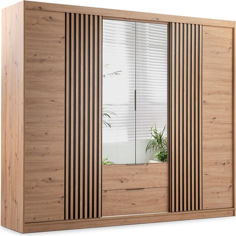 Armadio 4 ante e 2 cassetti Con specchio L250 cm Naturale - SIDOVIA