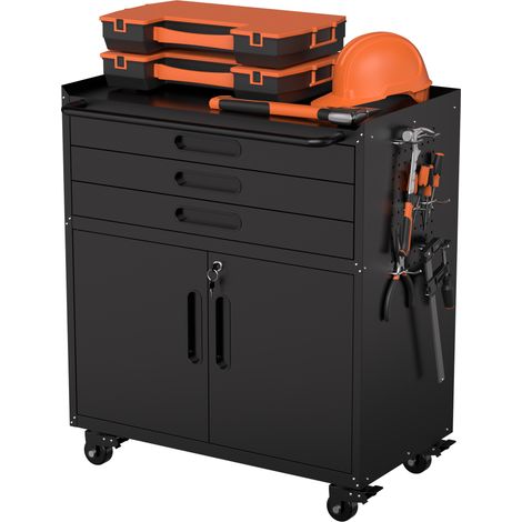 Fahrbarer Metall-Werkzeugschrank, Maße H 87,3 × B 75 × T 42 cm – Schwerlast-Garagenschrank mit abschließbaren Türen und 3 Schubladen, mobiler Organizer für Werkbank, Garage, Werkstatt und Haushalt (1/5)