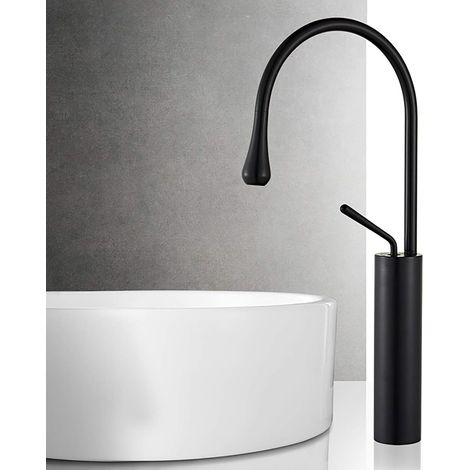 Feyfunns Mitigeur de lavabo monocommande revêtu Monocommande Robinet monocommande à bec long Mitigeur eau chaude/eau froide pour salle de bain, cuisine et lavabo (Noir) (1/5)