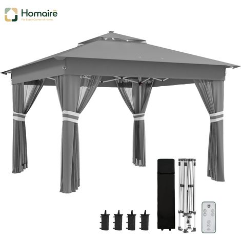 HOMAIRE Faltpavillon 3x3m avec LED, 4 rideaux, paroi latérale, sac à eau, double toit, sac de transport, gris foncé
