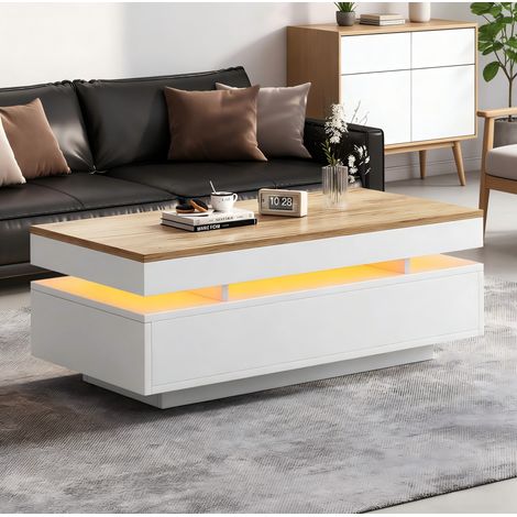 Mesa de centro de aglomerado blanco y tono madera brillo 100 cm con 2 cajones y LED (1/5)