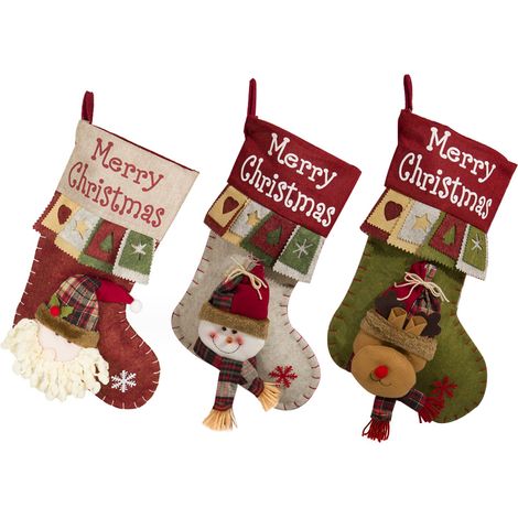 Lot de 3 chaussettes de Noël géantes, décoration Père Noël bonhomme de neige renne, suspension cheminée sapin maison (1/5)