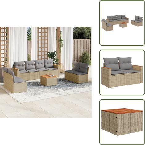 The Living Store Salon de jardin avec coussins 9pcs mélange beige résine tressée - Ensemble Salon De Jardin - Mobilier Extérieur - Canapé Jardin - Table Basse Jardin - Chaise Lounge