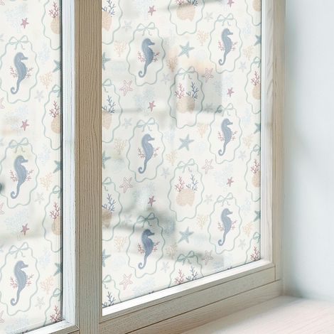 Klebefolie 100x116 cm Dekorativ Selbstklebend Blickdicht PVC Folie für Badezimmer Schlafzimmer Milchglas Sichtschutz Fenster Dekorfolie Seepferdchen