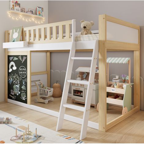 Lit mezzanine enfant 90/200 cm blanc et naturel en pin massif et panneaux de fibres avec tableau et rangement (1/5)