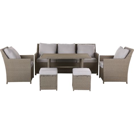 Conjunto de jardín 5 plazas de ratán sintético gris sofás 2 sillones mesa 2 otomanas cojines grises comedor exterior Fonti (1/5)