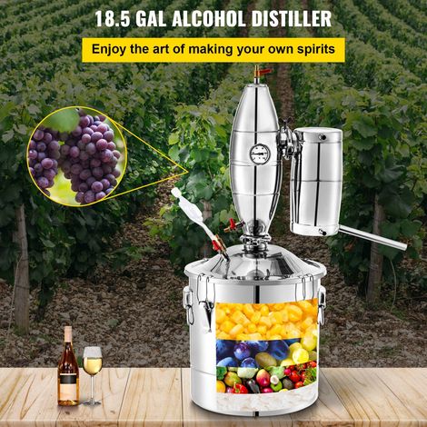 Distillateur d'Eau 70 L Alambic Distillation Eau Acier Inox Kit Fermenteur 17,5 kg Riz Cylindre Gradué 100 ml Thermomètre Grand Réservoir pour Fermentation Boissons Sauce de Soja 45 x 45 cm (1/5)