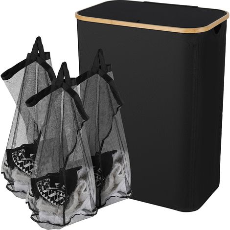 Jopassy Cesto per la biancheria sottile con coperchio, 160L, salvaspazio, fodera in rete rimovibile, tessuto Oxford, manici in bambù, pieghevole,Nero