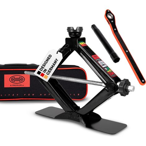 HEYNER® Scherenwagenheber runder Sattel, 2 t mit Ratsche, extra großer Standfuß, praktischer Drehknopf, inkl. Tasche + 17er Nuss + austauschbares Gummipad 360°, TÜV & GS