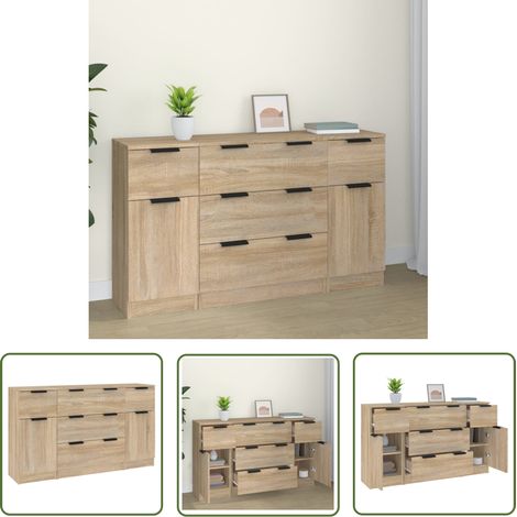 The Living Store Ensemble de buffets 3 pcs Chêne sonoma Bois d'ingénierie - Meubles De Rangement - Buffet - Meuble Tv - Commode - Design Minimaliste (1/5)