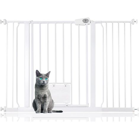 Bettacare Pet Gate with Lockable Cat Flap, 120.3cm - 127.9cm, White, 75cm in Height, Dog Safety Barrier with Cat Flap
