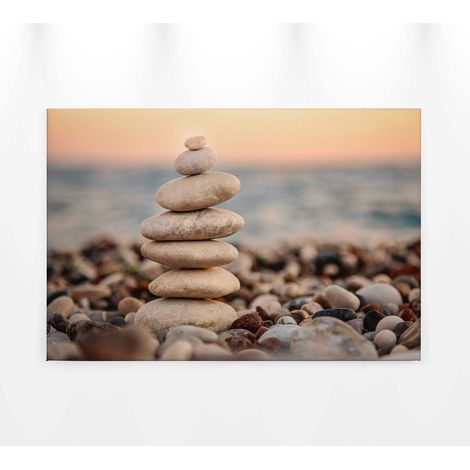 Tableau tendance paysage bord de mer | Tableau sur toile beige style zen pour salle de bain | Tableau galet et coucher de soleil - 0,9 x 0,6 m (1/5)