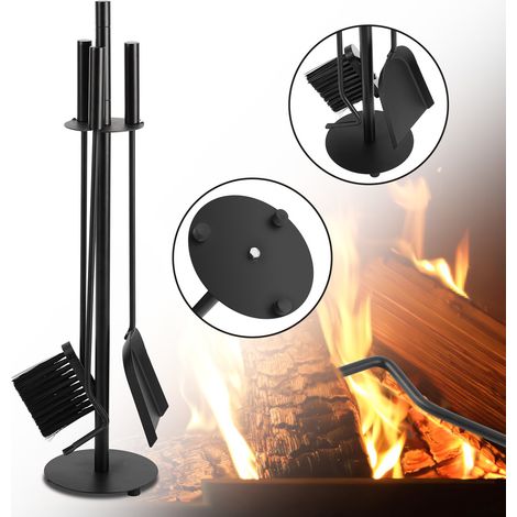 Randaco Set di accessori per caminetto, 3 pezzi con paletta, scopa, attizzatoio e supporto, accessori moderni per stufe, nero (1/5)