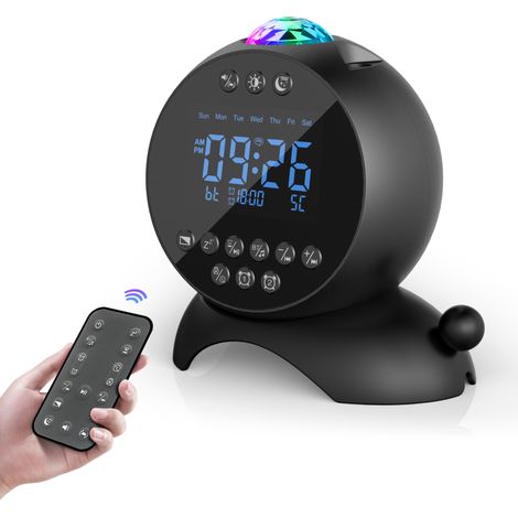 Réveil numérique noir 4 en 1 de 3 W avec fonction bruit blanc, projecteur d'étoiles et haut-parleur LED Bluetooth. (1/4)