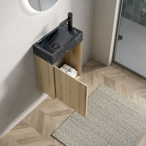 Plan vasque mural 40 cm vasque intégrée marbre noir effet pierre, meuble contreplaqué strié, une porte, prémonté, effet chêne blanc (1/5)
