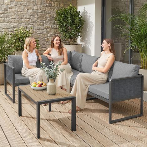 Salon d'angle modulable d'extérieur pour 6 personnes, comprenant canapés, table basse et coussins, gris foncé