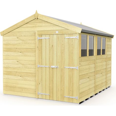 8 x 10 Feet Apex Shed - Double Door With Windows - Wood - L302 x W231 x H217 cm