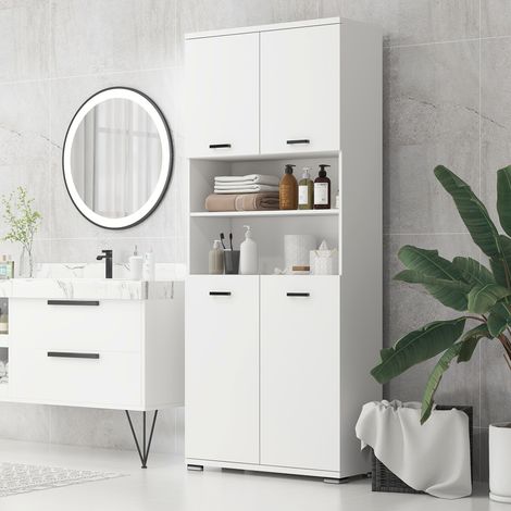 Meuble de salle de bain blanc en aggloméré, avec 2 placards à portes et 2 étagères ouvertes, 80 x 33,5 x 190 cm (1/5)