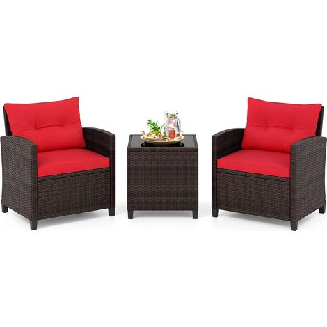 Salon de Jardin en Rotin - 3 Pièces - Charge 180KG - 2 Fauteuils et Table Basse avec Plateau en Verre Trempé – Rouge (1/5)