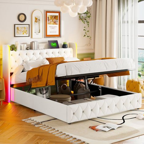 Lit 140x190 cm avec bande LED colorée et ports USB,Tête de Lit Rembourrée,Lit Hydraulique avec Rangement sous le lit,Velours Beige (1/5)