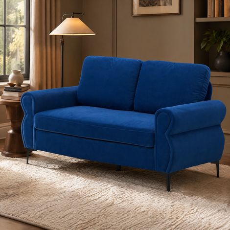Sofá compacto de salón 173,5 cm, tejido azul de pelo corto, estructura metal-madera, OKWISH (1/5)