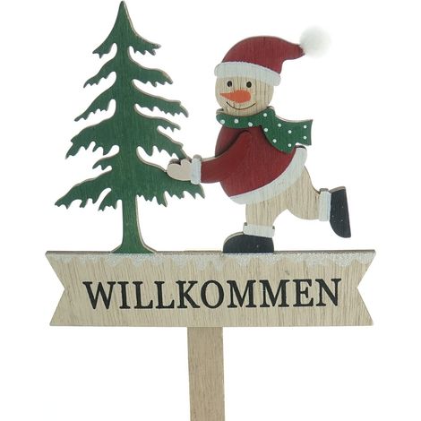 Weihnachtsstecker Tannenbaum & Schneemann Bunt mit Schriftzug Willkommen 39 cm - Holz
