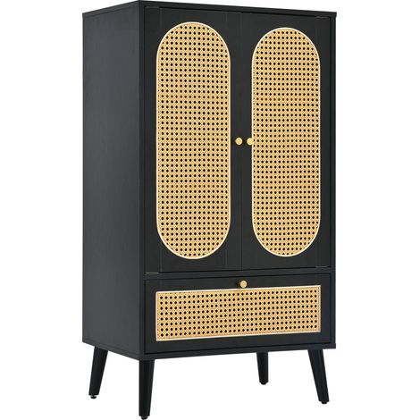 Credenza stretta 110,5 cm nera con 2 ante, 1 cassetto e design in rattan (1/5)
