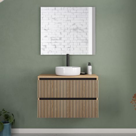 Meuble de salle de bain 80cm avec plateau et vasque à poser ronde - 2 tiroirs - roble era (chêne clair) - VENERIA