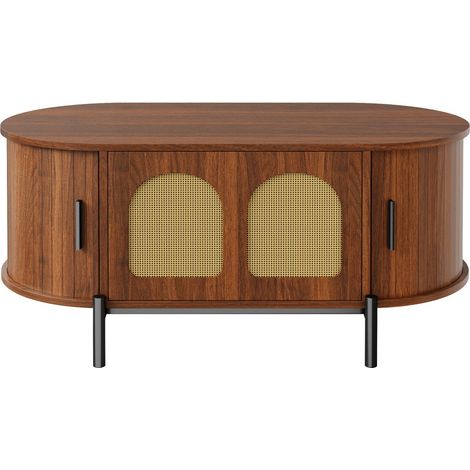 Table basse ovale rotin aspect bois portes coulissantes pieds métal rangement salon 100x50x40cm - Noyer