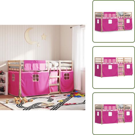 The Living Store Etagenbett mit Vorhängen Rosa 90x190 cm Massivholz Kiefer - Kinderbett