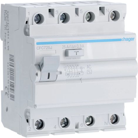 4-Modul-Differentialschalter (25A 300mA 230/400V) geeignet für DIN-Schiene IP20 8,3x7x7cm