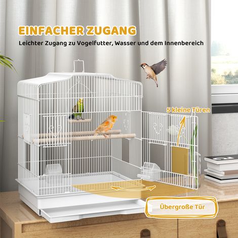 Cage vintage pour oiseaux de petite taille, accessoires fournis, 46,5 x 36 x 59 cm, métal et bois, teinte blanche et naturelle (1/4)