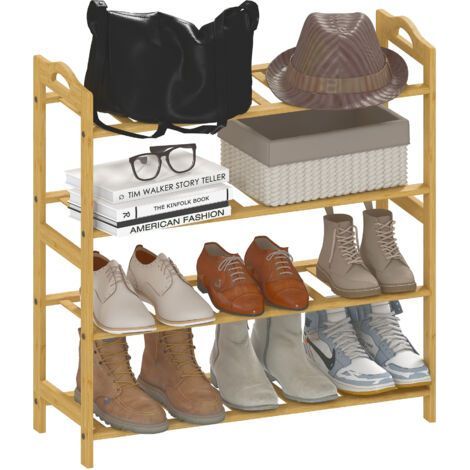 Étagère à chaussures en bambou à 4 niveaux porte-chaussures capacité 12 paires. 67.5 x 24.7 x 72 cm. effet bois naturel (1/5)