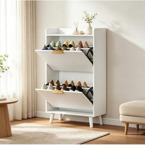 Meuble à chaussures étroit blanc à 2 portes abattantes et étagères réglables, 70 x 30 x 120 cm (1/5)