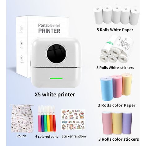 Mini Printer - Portable Mini Pocket Label, Picture, Error Correction Thermal Bluetooth Printer - X5 White + 5 Thermal Papers + 5 Self-adhesive Papers + 3 Color Papers + 3 Color Self-adhesive Papers +  (1/4)