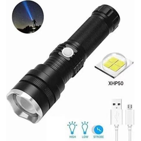 Lampe de poche LED rechargeable, lampe de poche tactique zoomable super lumineuse XHP50 6000 lumens 3 modes lampe torche étanche pour camping randonnée (1/5)