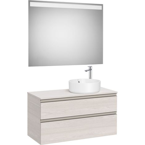 Pack meuble "The gap" 1000 pour vasque à droite - 2 tiroirs + plan + miroir LED - frêne nordic/poignées nickel mat - Roca (1/2)